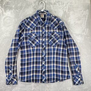 True Religion Shirt men's 3XL Pearl Snap Flannel Blue Plaid Western Flap Pockets